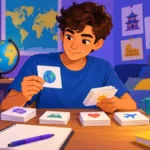 Ragazzo con maglietta blu che organizza flashcard su un tavolo con materiali per l’apprendimento delle lingue.