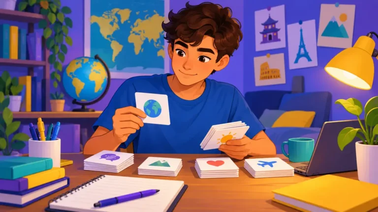 Menino de camiseta azul organizando cartões de estudo em uma mesa com materiais de aprendizagem de idiomas.