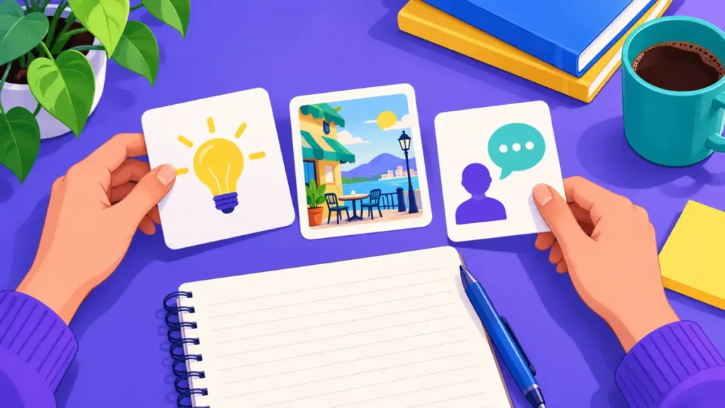 Ilustração de mãos organizando cartões de estudo visuais ao lado de um caderno, para aprender idiomas.