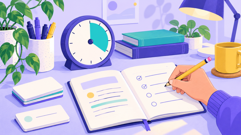 Ilustração de uma mesa de sessão de estudo, livros, flashcards e uma mão marcando tarefas em um caderno.