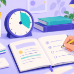 Ilustração de uma mesa de sessão de estudo, livros, flashcards e uma mão marcando tarefas em um caderno.
